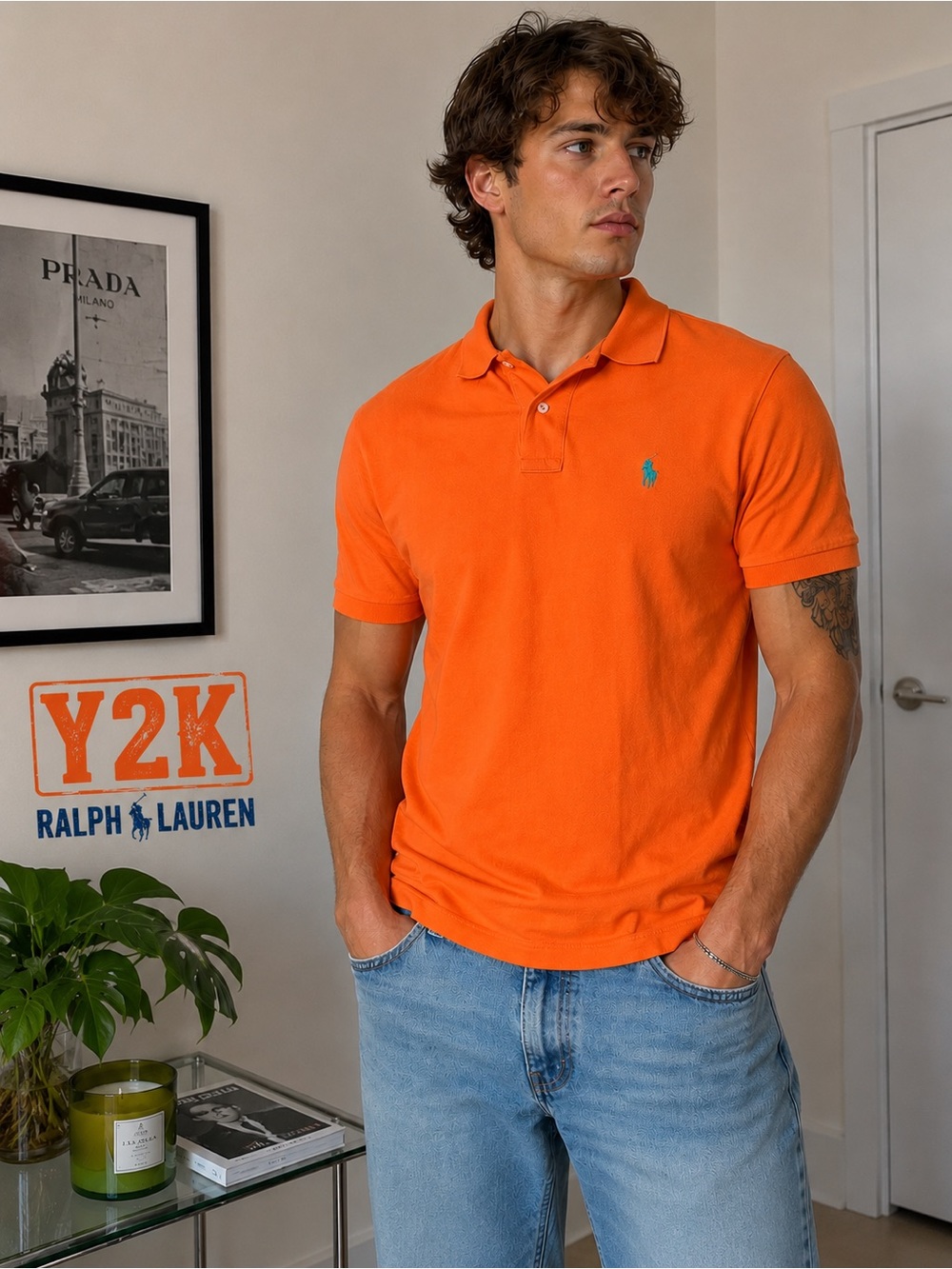 Genuine Y2K Polo Ralph Lauren Orange Cotton Mesh Polo Men’s L Blue Pony